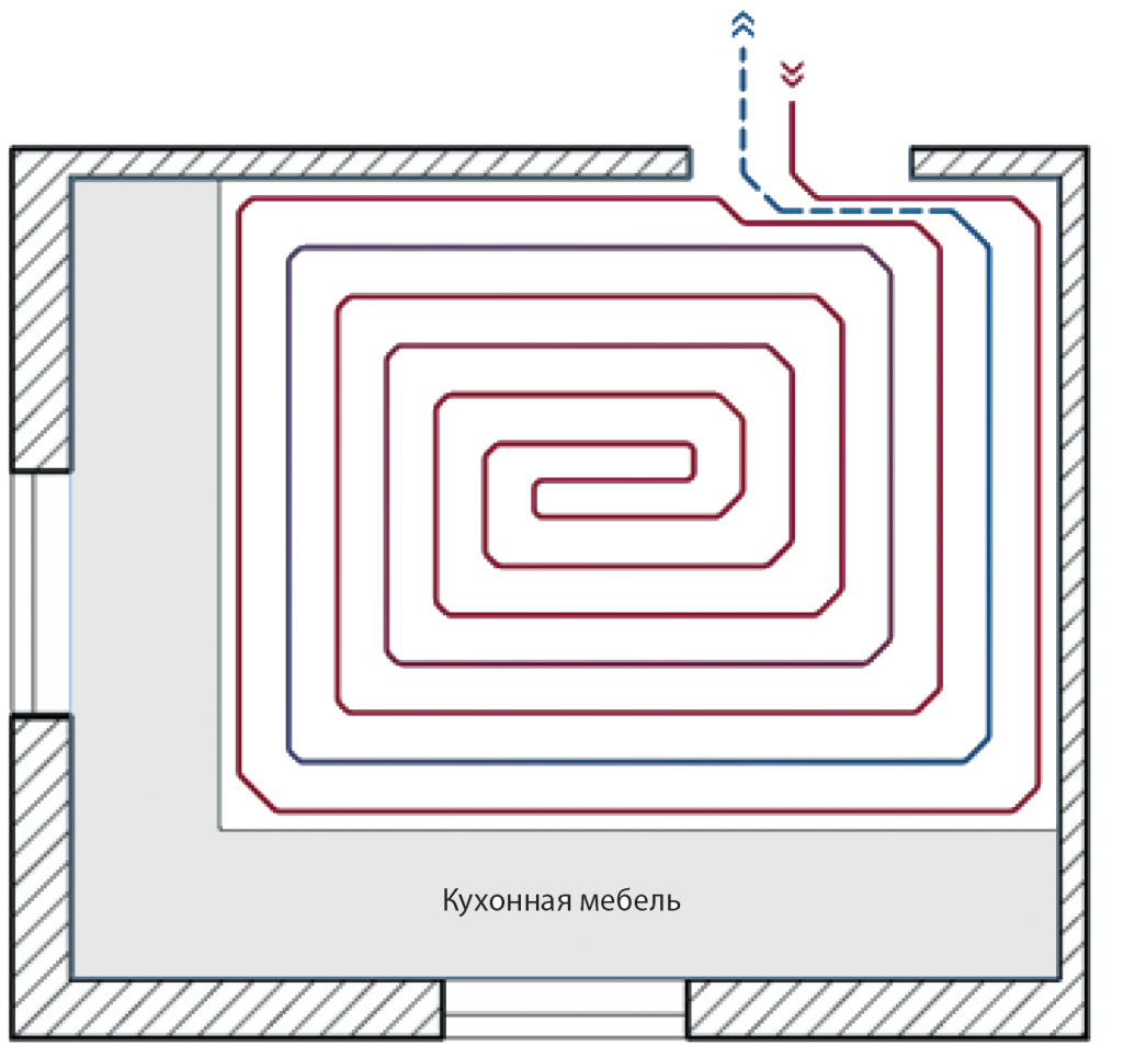 Схемы раскладки труб теплого пола. Тёплый пол водяной схема укладки. Схема раскладки теплых водяных полов. Схема монтажа трубопровода теплого пола.